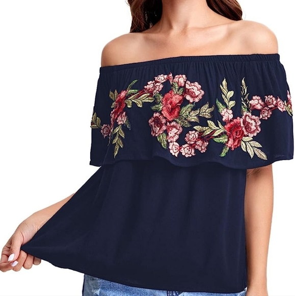 Women's Off Shoulder Rose Embroidery Loose Blouse Top Size XL - Picture 6 of 6